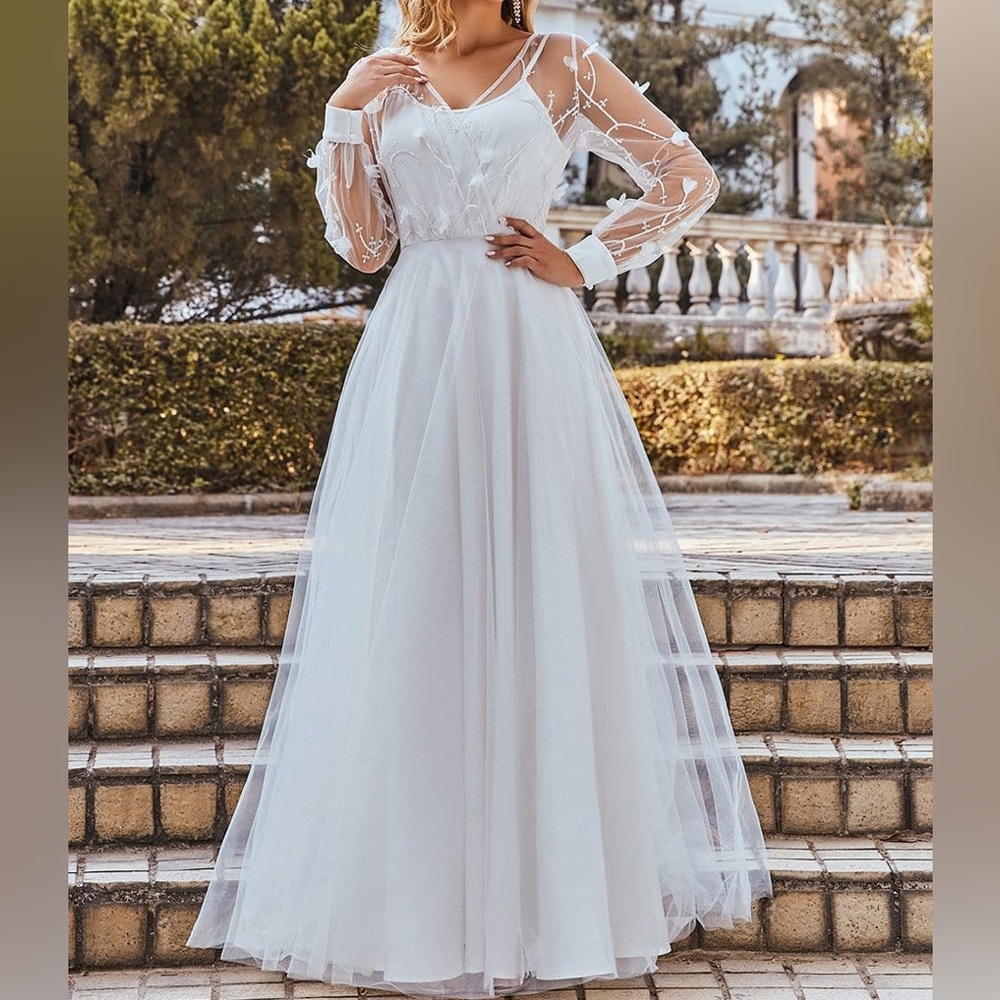 Romantic Sheer Bodice Lantern Sleeve Causal Tulle Wedding Dress